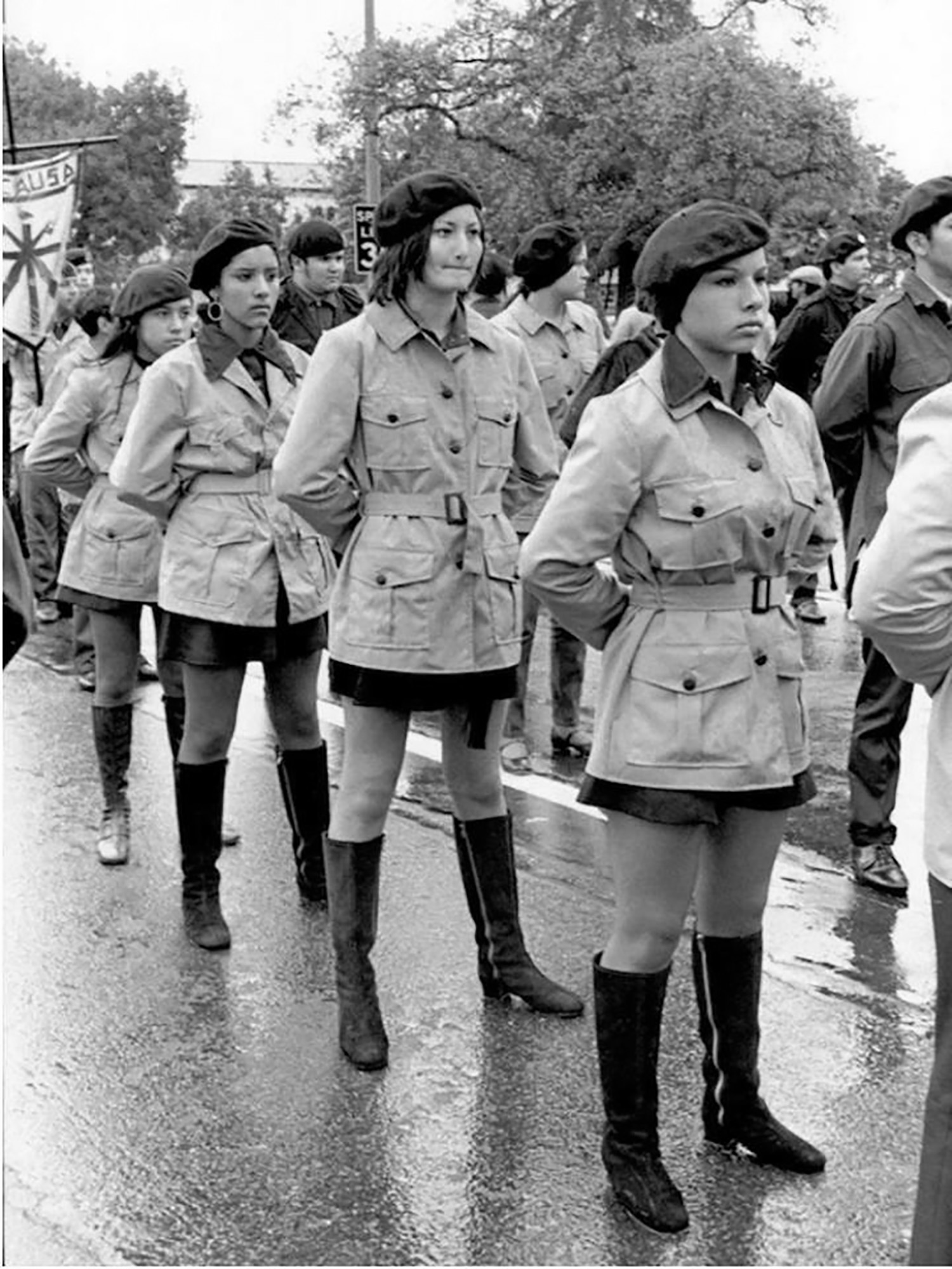 Santa Barbara Brown Berets demonstrating at Santa Barbara Junior High School in 1970 (from right: Joanne Castro, Pat Castro, and Lidia)